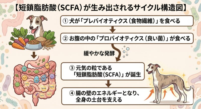 「短鎖脂肪酸（SCFA）が生み出されるサイクル構造図」
