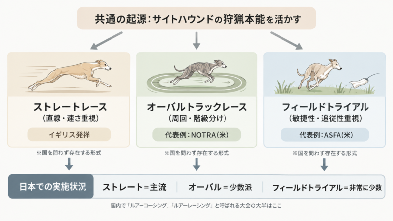 共通の起源から3つの形式へ、そして日本での実施状況の図解