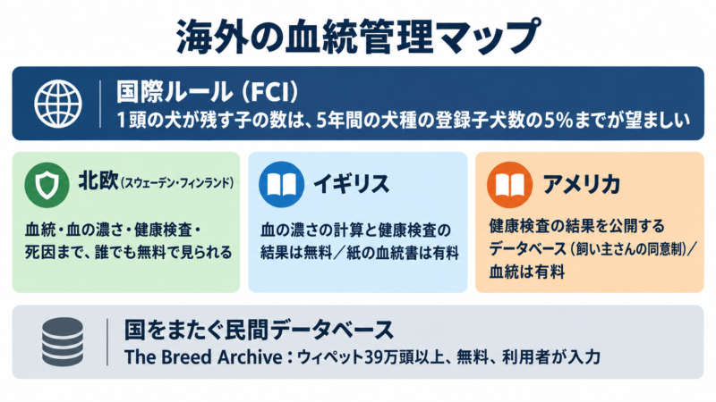 海外の血統管理マップ（国際ルールFCI／北欧／イギリス／アメリカ／民間データベースThe Breed Archive）の図解