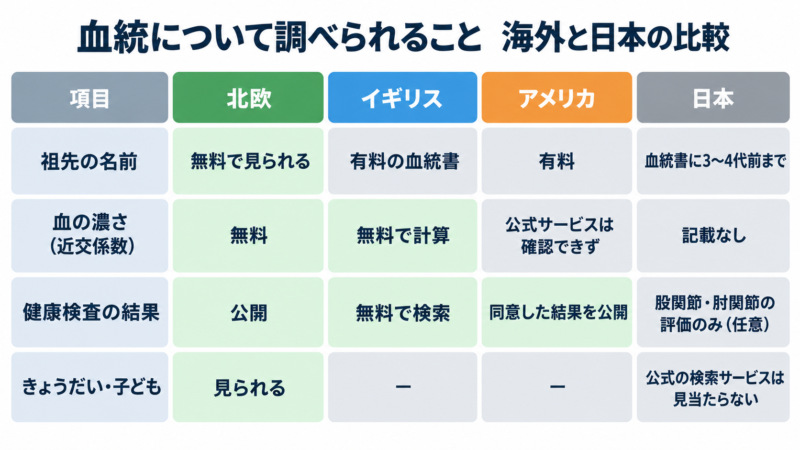 血統について調べられること 海外（北欧・イギリス・アメリカ）と日本の比較表の図解